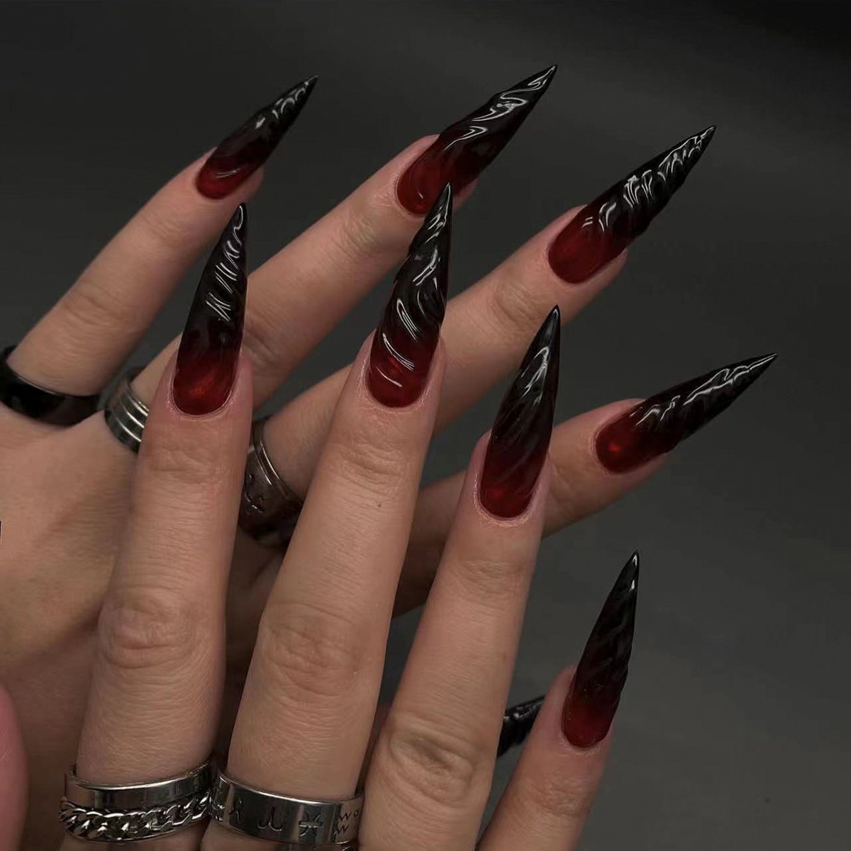 Nail Extension Tips - 24Pcs Stiletto Shape Black Red Press