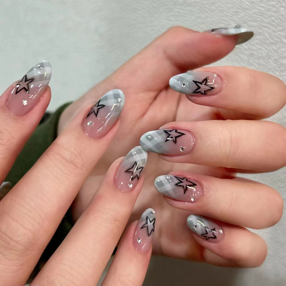 24pcs Blue Plaid Gradient Fake - Nail Extension Tips 评论和价格