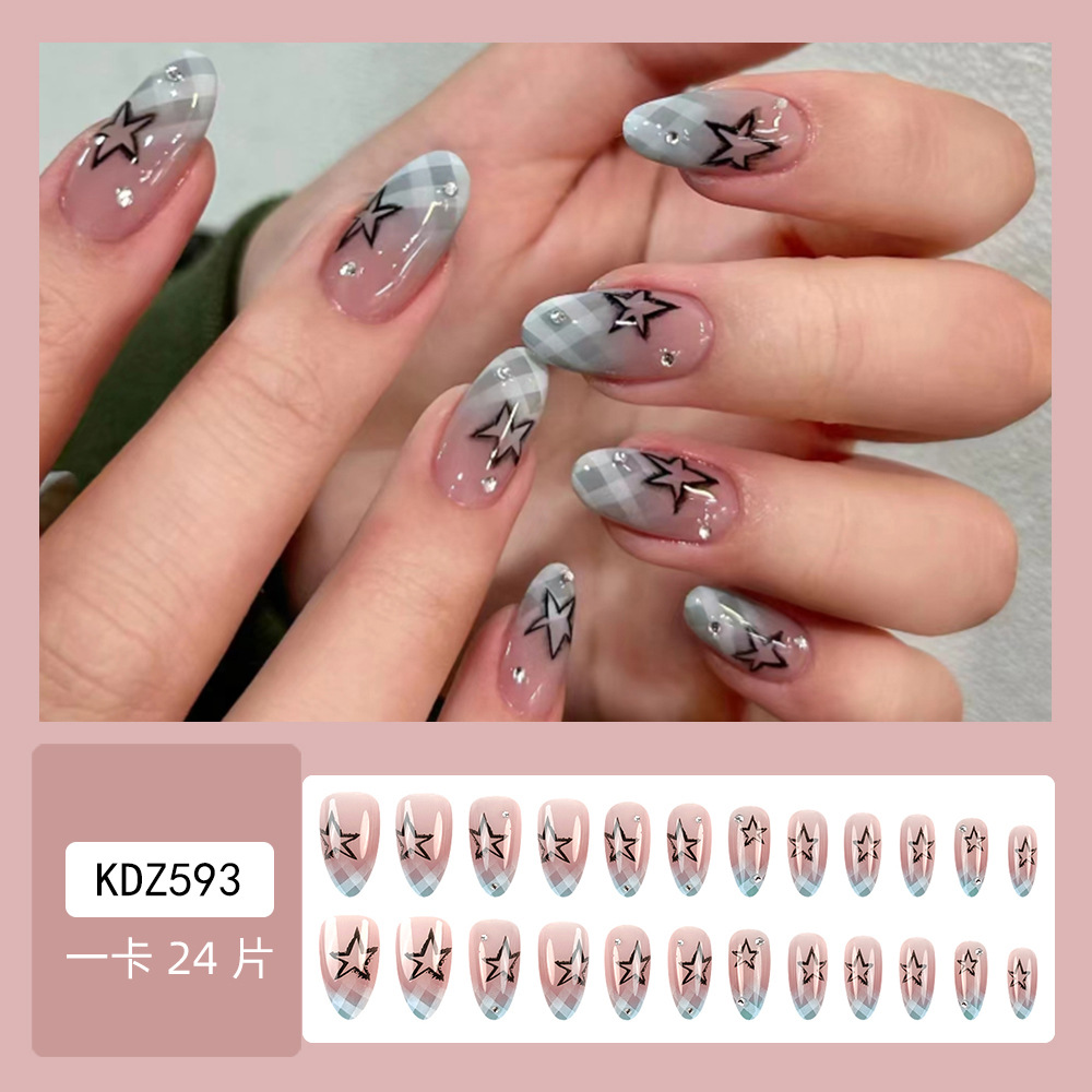 24pcs Blue Plaid Gradient Fake - Nail Extension Tips 评论和价格
