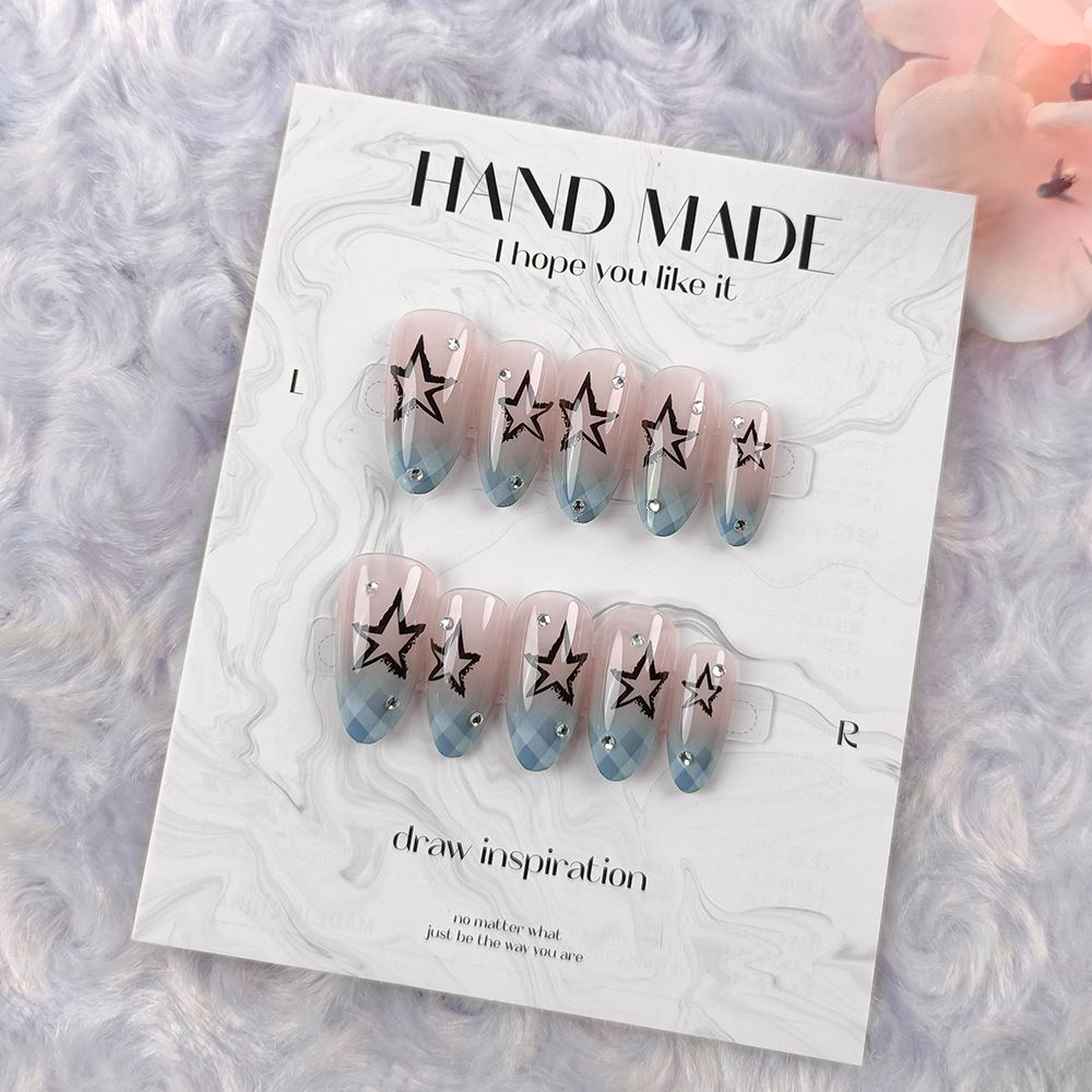 24pcs Blue Plaid Gradient Fake - Nail Extension Tips 评论和价格